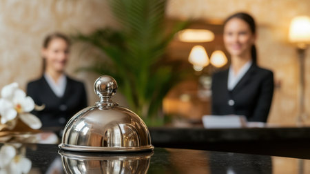 A serene hotel reception scene featuring a shining service bell with attentive staff in the background. The ambiance reflects professionalism and hospitality.の素材