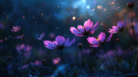 A stunning display of blooming purple flowers under a starlit sky, capturing the essence of beauty and tranquility in nature's enchanting atmosphere.の素材