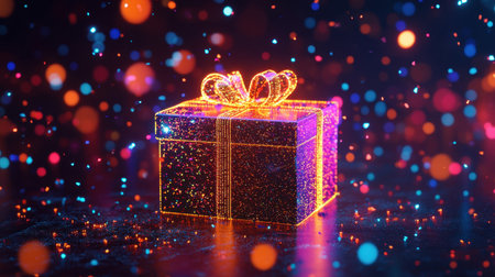 A beautifully decorated gift box shines with glitter and colorful bokeh lights. Ideal for capturing the spirit of celebration, joy, and festivity.の素材