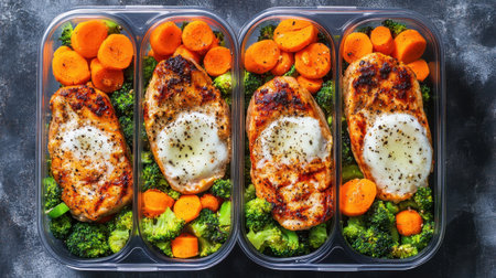This image showcases a healthy meal prep featuring grilled chicken, steamed broccoli, and vibrant carrots. Perfect for nutritious and convenient eating!の素材