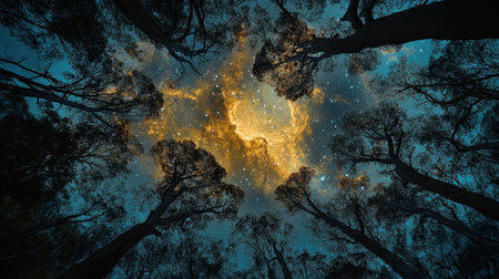 A breathtaking view of a starry night sky seen through tall trees, capturing the magic of nature with a celestial glow illuminating the landscape.の素材