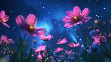 A stunning arrangement of vibrant pink flowers illuminated by a starry night sky and a glowing aurora, creating a serene and magical outdoor scene.の素材