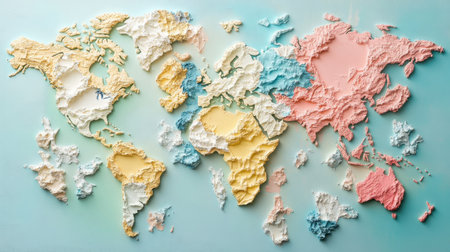 This artistic map of the world features a three-dimensional relief design in soft pastel colors, illustrating continents with unique textures, ideal for decoration or educational use.の素材