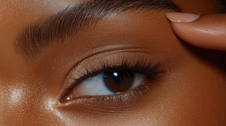 Close-up of a stunning brown eye highlighting perfectly shaped eyebrow and soft eyelashes. The image showcases beauty, elegance, and natural glow.の素材