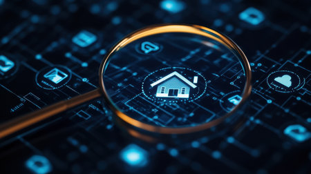A magnifying glass highlights a digital home icon amidst a network of connections, symbolizing the fusion of technology and real estate. Ideal for digital innovation themes.の素材