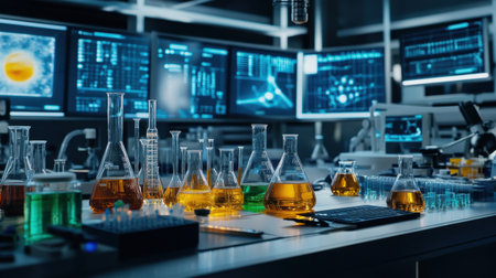 A vibrant laboratory setup displaying an array of glassware filled with colorful liquids. Modern monitoring screens illuminate the background, showcasing scientific analysis in a high-tech research environment.の素材