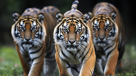 A dramatic scene featuring three majestic tigers confidently walking through a lush green landscape, showcasing their beauty and strength in nature.の素材