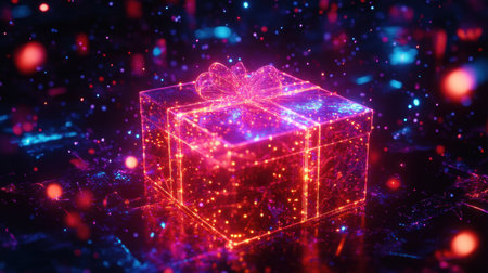 A mesmerizing digital gift box radiating vibrant colors and glowing lights. This artwork captures the essence of celebration and joy, ideal for holiday themes.の素材