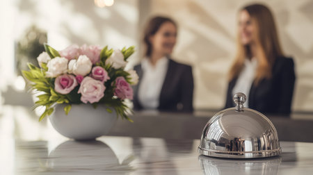 A sophisticated reception area featuring a polished bell and a beautiful flower arrangement, creating a welcoming atmosphere. Ideal for hospitality themes.の素材