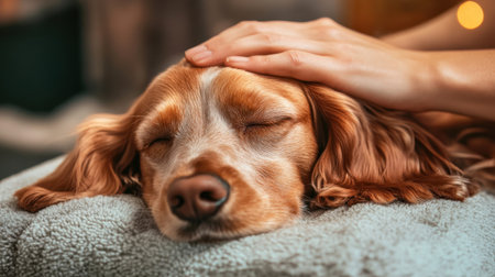 A serene closeup of a sleeping dog being lovingly patted on the head, showcasing the bond between the pet and its owner in a cozy indoor setting.の素材