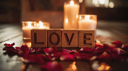 A romantic scene featuring wooden blocks spelling "LOVE," surrounded by soft candlelight and scattered petals on a rustic wooden surface. Perfect for expressing affection.の素材