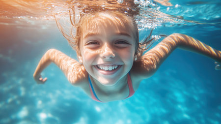 A joyful girl swims underwater in a clear blue pool, showcasing happiness and freedom. The sunlight dances on the water surface, creating a vibrant scene.の素材