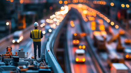 A high-visibility worker stands on a ledge, overlooking a bustling city highway at dusk. The illuminated traffic highlights the worker's critical role in urban infrastructure and safety.の素材