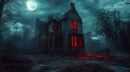 Eerie scene of a haunted house engulfed in darkness, illuminated by red lights, with a full moon casting shadows. The atmosphere evokes a chilling sense of mystery and fear.の素材