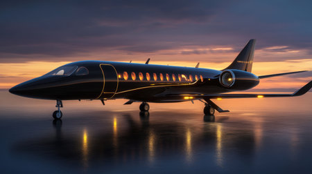 A stunning black private jet parked elegantly by a calm lake at sunset, with warm lights glowing. This image captures luxury travel and the beauty of aviation.の素材
