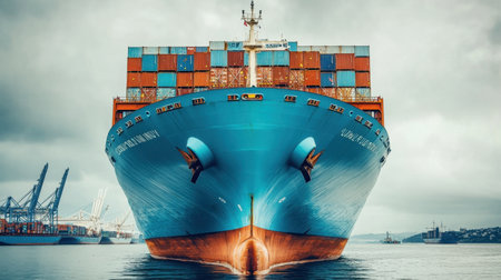 A large container ship stands tall at the port, filled with colorful cargo containers. The vessel symbolizes global trade and transportation, featuring a vibrant blue hull against a cloudy sky.の素材