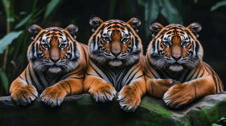 Three majestic tigers with striking stripes rest side by side in a serene natural habitat, showcasing their powerful presence and beauty.の素材