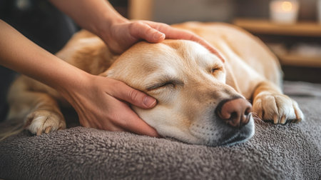 A golden retriever enjoys a soothing massage by its owner, embodying the bond between pets and humans in a cozy home atmosphere.の素材