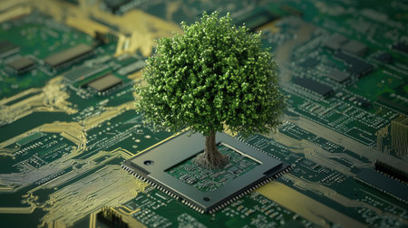 A vibrant tree emerges from a microchip on a circuit board, symbolizing the harmony between technology and nature. This image illustrates innovation and sustainability.の素材