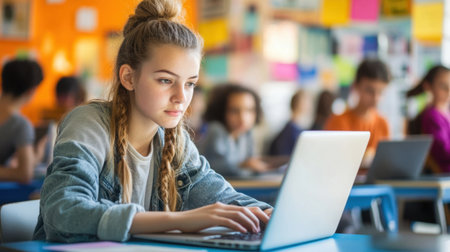 A focused teenage girl types on a laptop in a modern classroom filled with vibrant colors. She embodies concentration amidst a dynamic learning environment, highlighting digital engagement.の素材