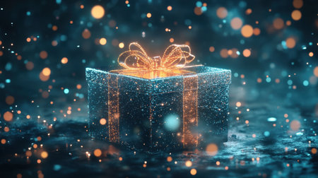 A beautifully wrapped gift box with a glowing ribbon, surrounded by sparkling lights and a dreamy bokeh effect, perfect for holiday celebrations and special occasions.の素材
