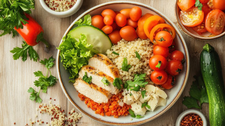 A vibrant quinoa salad featuring grilled chicken, fresh vegetables, and herbs. Perfect for a nutritious meal, this dish is ideal for health-conscious individuals.の素材