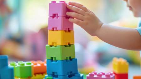 A child explores creativity and concentration by stacking colorful building blocks. The vibrant scene captures the joy and engagement of playtime in a bright indoor setting.の素材