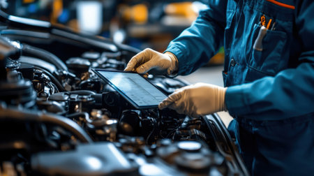 A skilled mechanic wearing gloves utilizes a tablet to diagnose engine problems in a modern workshop, showcasing technology in vehicle maintenance.の素材