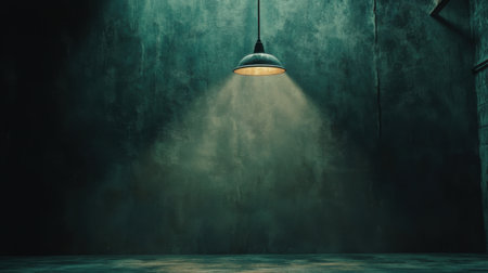 This image features a dark, empty room with a single hanging light fixture illuminating the textured walls, creating a moody and dramatic atmosphere perfect for creative projects.の素材