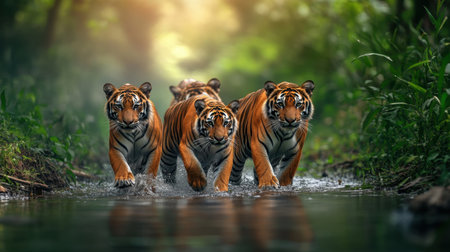 A captivating scene of four tigers walking through shallow water, surrounded by lush greenery. The vibrant colors and natural light create an enchanting wildlife moment.の素材