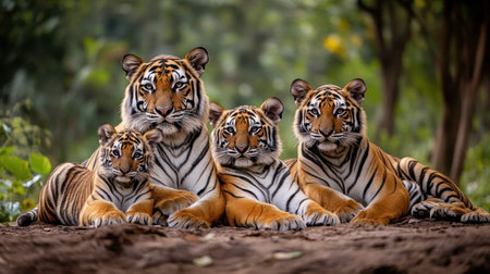 A stunning family of tigers lounging gracefully in their natural habitat, surrounded by lush greenery, showcasing their powerful presence and unique beauty.の素材