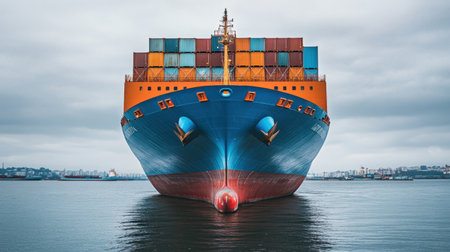 A striking view of a massive container ship docked in calm waters under an overcast sky. This image captures the essence of maritime transport and logistics.の素材