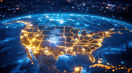 A captivating aerial view of North America at night, showcasing illuminated cities and vibrant connections, capturing the essence of modern technology and exploration.の素材