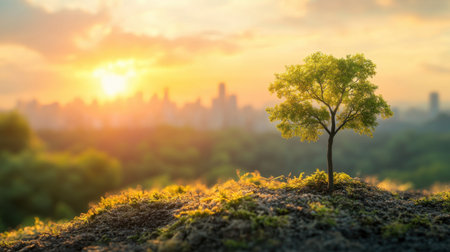 A solitary green tree stands proudly on a hill, overlooking a city skyline at sunset. The warm light bathes the scene in a tranquil glow, highlighting the beauty of nature.の素材