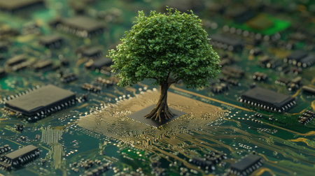A vivid representation of a tree emerging from a circuit board, symbolizing the intersection of technology and nature, showcasing sustainability and innovation.の素材