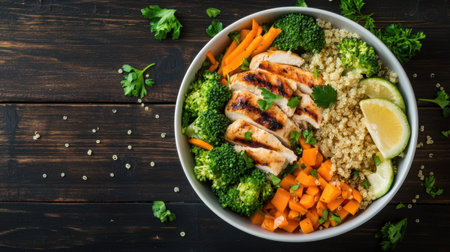 Colorful bowl featuring grilled chicken, quinoa, and fresh vegetables like broccoli and carrots, garnished with herbs and lemon. Perfect for healthy eating!の素材