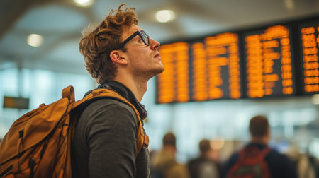 A young man stands in an airport terminal, gazing thoughtfully at the departure board, surrounded by fellow travelers. His backpack suggests upcoming adventures.の素材