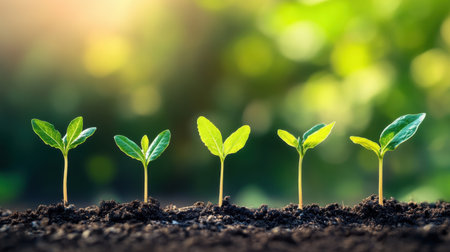 A series of young seedlings emerging from rich soil, capturing the essence of growth and vitality in nature. The soft-focus background highlights the freshness and beauty of plant life.の素材