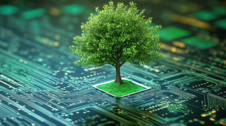 A vibrant tree emerges from a circuit board, symbolizing the fusion of nature and technology. This image captures the importance of sustainability and innovation in a digital era.の素材