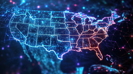 This vibrant digital map represents the United States, showcasing luminous connections and a modern design that symbolizes technology and geography.の素材