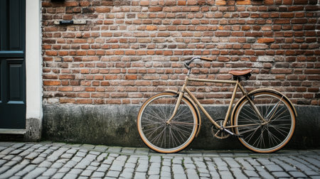 A vintage bicycle rests against a textured brick wall, showcasing an urban setting. The scene captures a blend of history and charm, perfect for travel and lifestyle themes.の素材