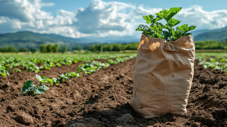 A vibrant scene showcasing fresh green seedlings emerging from a burlap bag in a sunlit field. The distant mountains and clouds create a picturesque backdrop of agriculture and nature.の素材