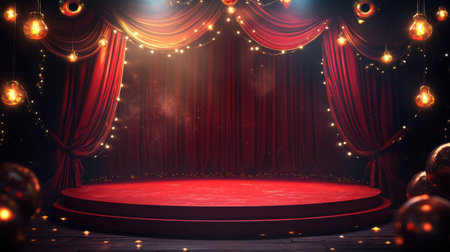 Beautiful red velvet theater stage adorned with bright lights and elegant curtains, perfect for performances and special events full of charm and ambiance.の素材