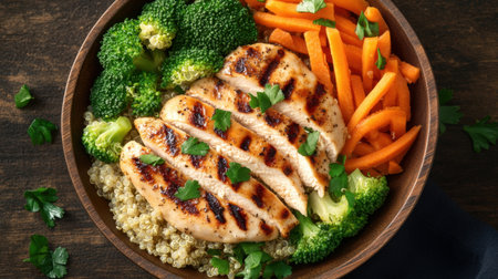 A delicious serving of grilled chicken breast accompanied by nutritious broccoli, vibrant carrots, and fluffy quinoa. Perfect for healthy meal planning.の素材