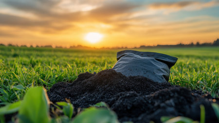 A black bag of soil rests on lush green grass under a vibrant sunset. The scene captures the essence of nature, inviting reflection on agriculture and gardening.の素材