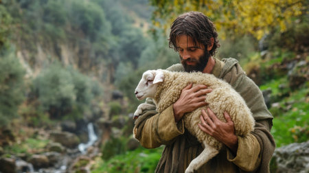 A solitary man gently cradles a sheep in a serene natural setting, surrounded by lush greenery and flowing water, embodying tranquility and connection with nature.の素材