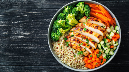 A vibrant bowl featuring grilled chicken slices atop quinoa and fresh vegetables like broccoli, carrots, and cucumber. A healthy and nutritious meal choice!の素材