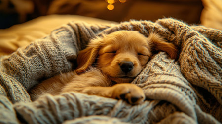 A delightful puppy snoozes comfortably in a soft blanket, radiating warmth and tranquility. This charming scene captures the essence of cozy moments at home.の素材