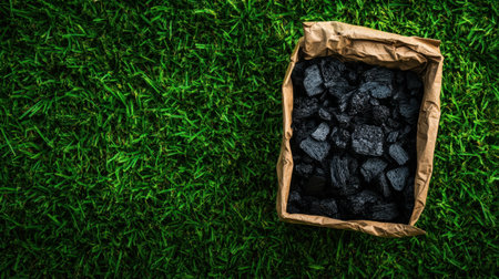 A top view of a brown paper bag filled with coal rests on a vibrant green grass background, showcasing the contrast between natural elements and raw materials.の素材
