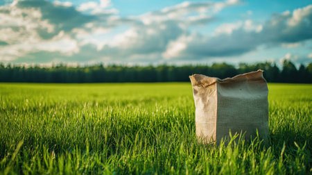 A rustic burlap sack rests on vibrant green grass in a serene field. The background features a beautiful sky with fluffy clouds, creating a tranquil atmosphere.の素材